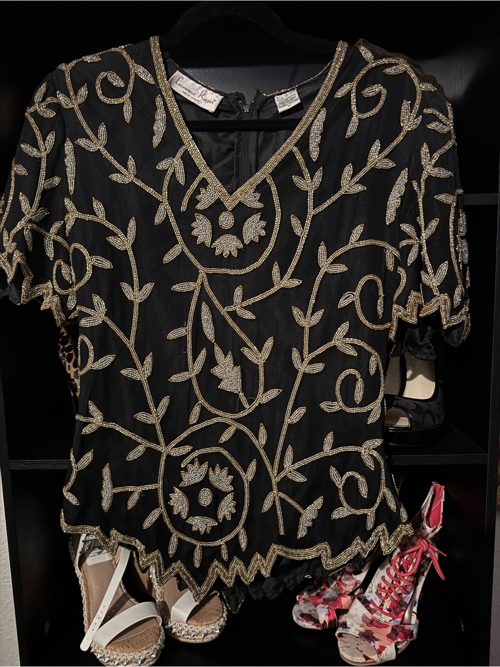 Laurence Kazar Black Blouse with Gold Embroidery